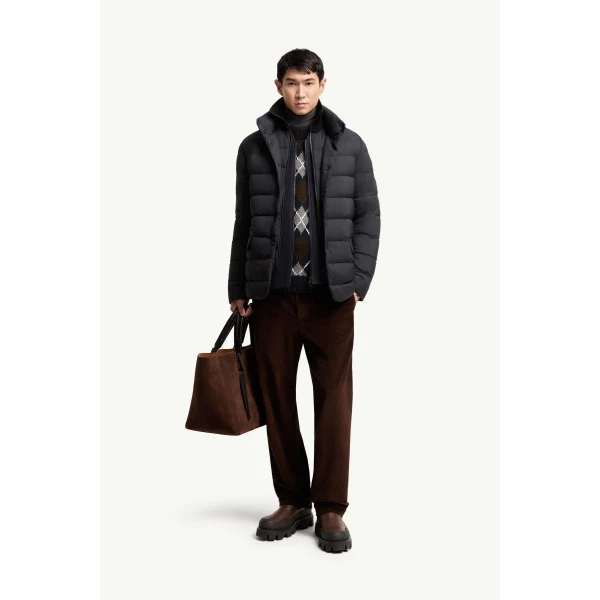 Moncler Elarune Hooded Short Down Jacket in Dark Blue, view 2 | Men's Jackets | Coveti