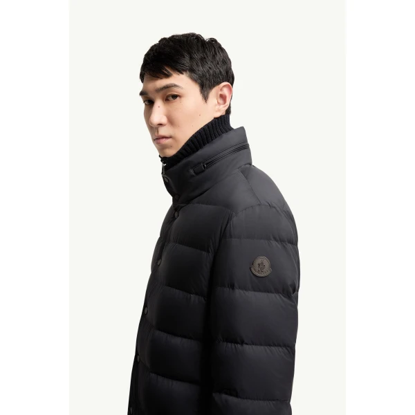 Moncler Elarune Hooded Short Down Jacket in Dark Blue, view 3 | Men's Jackets | Coveti