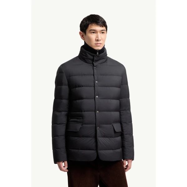 Moncler Elarune Hooded Short Down Jacket in Dark Blue, view 4 | Men's Jackets | Coveti