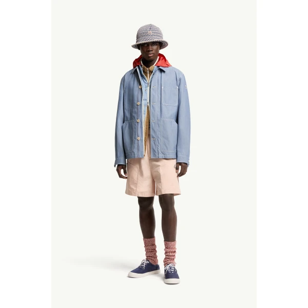 Moncler Elorn Chambray Shirt Jacket in Powder Blue, view 2 | Men's Jackets | Coveti