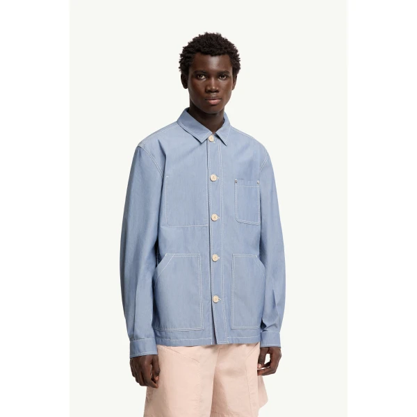 Moncler Elorn Chambray Shirt Jacket in Powder Blue, view 4 | Men's Jackets | Coveti