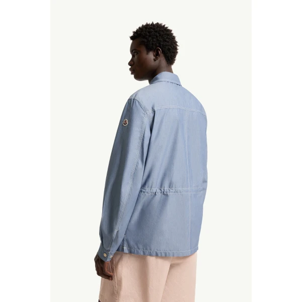 Moncler Elorn Chambray Shirt Jacket in Powder Blue, view 5 | Men's Jackets | Coveti