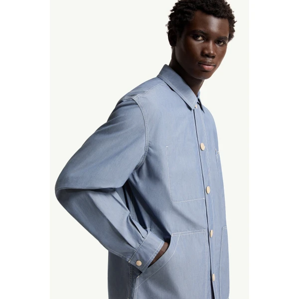 Moncler Elorn Chambray Shirt Jacket in Powder Blue, view 6 | Men's Jackets | Coveti