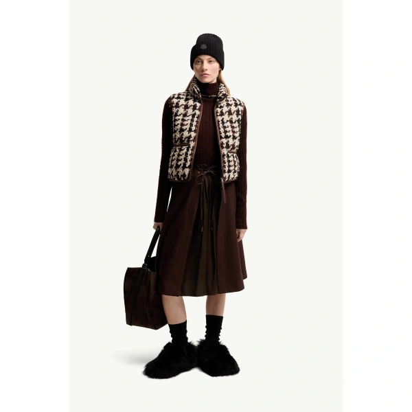 Moncler Emotionnalite Tweed Down Vest in White & Brown, view 2 | Women's Vests and Gilets | Coveti