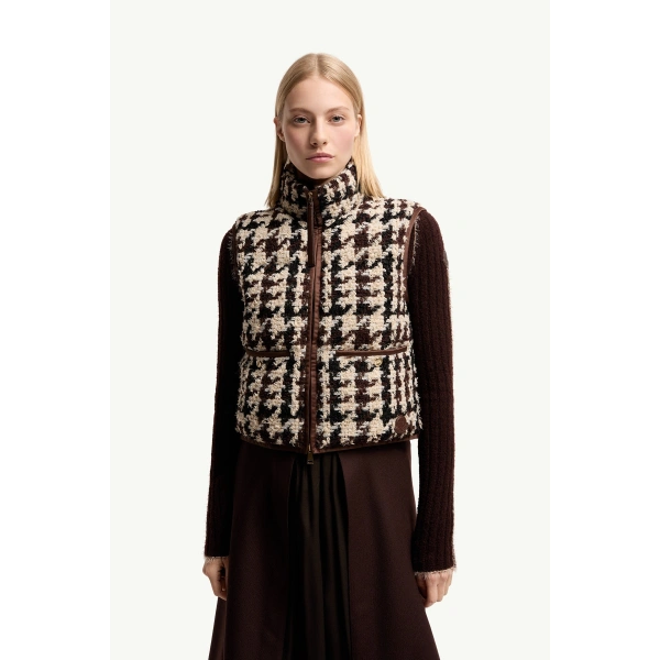 Moncler Emotionnalite Tweed Down Vest in White & Brown, view 4 | Women's Vests and Gilets | Coveti