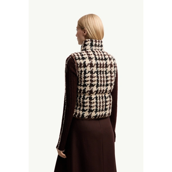 Moncler Emotionnalite Tweed Down Vest in White & Brown, view 5 | Women's Vests and Gilets | Coveti