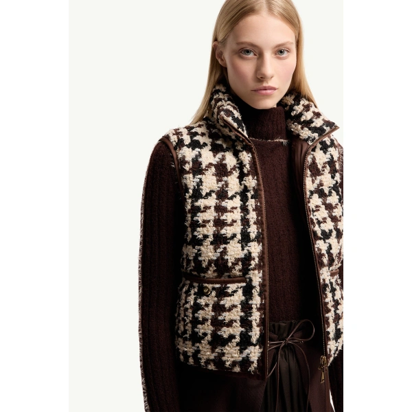 Moncler Emotionnalite Tweed Down Vest in White & Brown, view 6 | Women's Vests and Gilets | Coveti