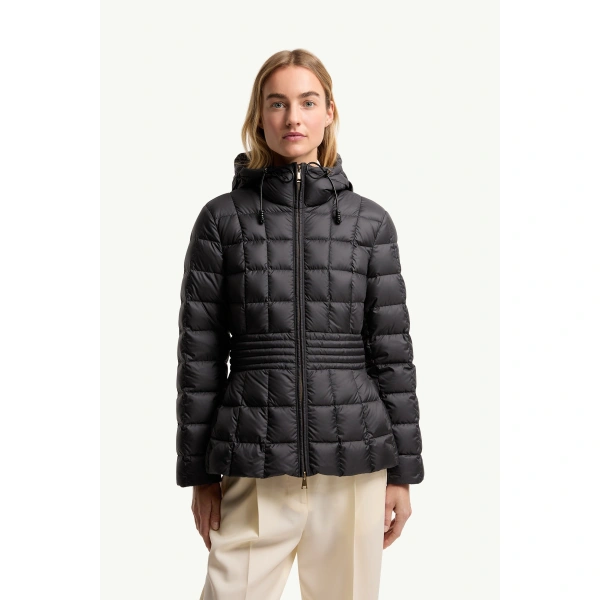 Moncler Engoulevent Square Quilted Hooded Short Down Jacket in Black, view 4 | Women's Puffer Jackets | Coveti