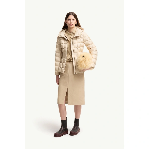 Moncler Engoulevent Square Quilted Hooded Short Down Jacket in Light Beige, view 2 | Women's Puffer Jackets | Coveti