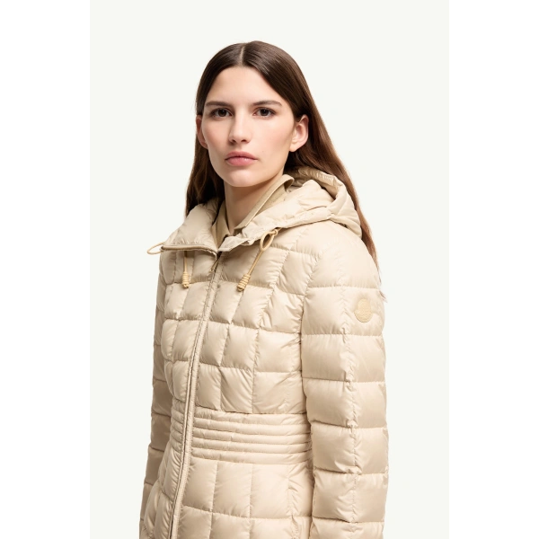 Moncler Engoulevent Square Quilted Hooded Short Down Jacket in Light Beige, view 3 | Women's Puffer Jackets | Coveti