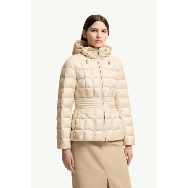 Moncler Engoulevent Square Quilted Hooded Short Down Jacket in Light Beige, view 4 | Women's Puffer Jackets | Coveti