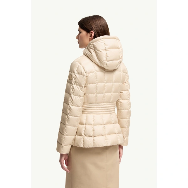 Moncler Engoulevent Square Quilted Hooded Short Down Jacket in Light Beige, view 5 | Women's Puffer Jackets | Coveti