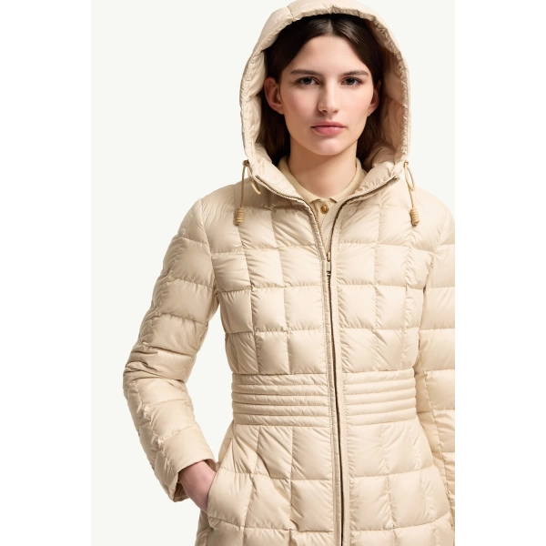Moncler Engoulevent Square Quilted Hooded Short Down Jacket in Light Beige, view 6 | Women's Puffer Jackets | Coveti