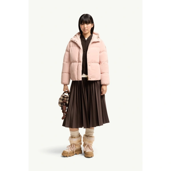 Moncler Enigme Hooded Chenille Short Down Jacket in Pink, view 2 | Women's Puffer Jackets | Coveti