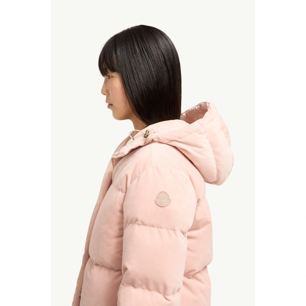 Moncler Enigme Hooded Chenille Short Down Jacket in Pink, view 3 | Women's Puffer Jackets | Coveti