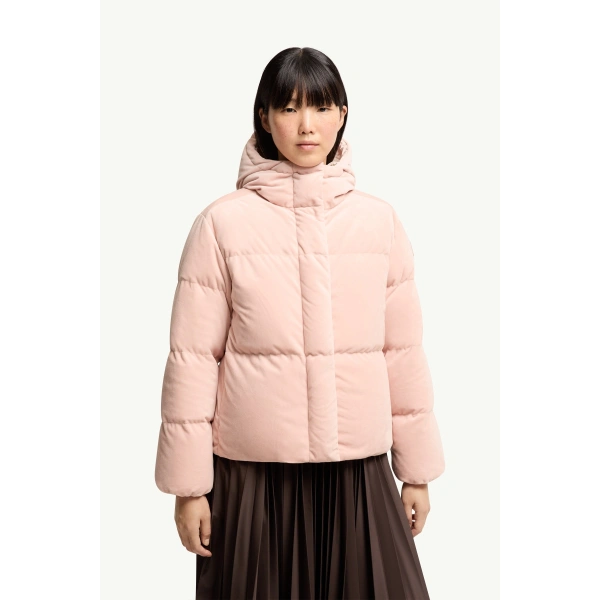 Moncler Enigme Hooded Chenille Short Down Jacket in Pink, view 4 | Women's Puffer Jackets | Coveti