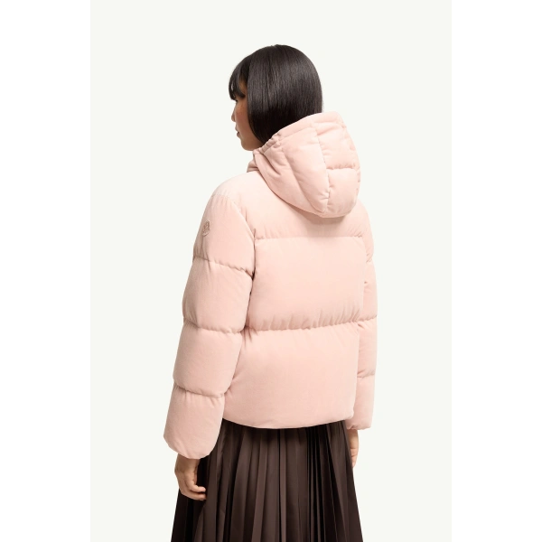 Moncler Enigme Hooded Chenille Short Down Jacket in Pink, view 5 | Women's Puffer Jackets | Coveti