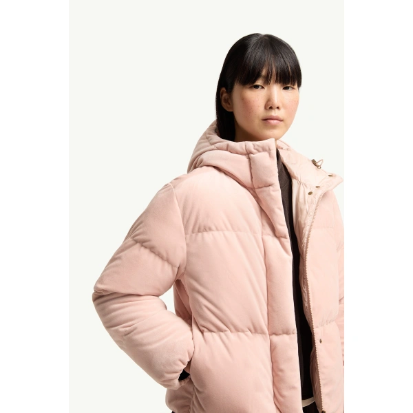 Moncler Enigme Hooded Chenille Short Down Jacket in Pink, view 6 | Women's Puffer Jackets | Coveti