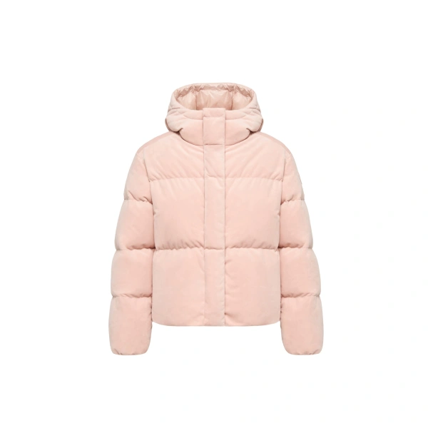 Moncler Enigme Hooded Chenille Short Down Jacket in Pink | Women's Puffer Jackets | Coveti