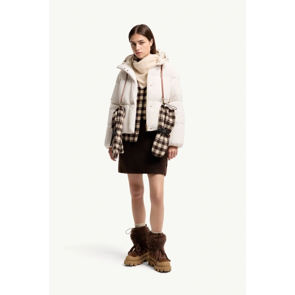Moncler Enigme Hooded Chenille Short Down Jacket in White, view 2 | Women's Puffer Jackets | Coveti
