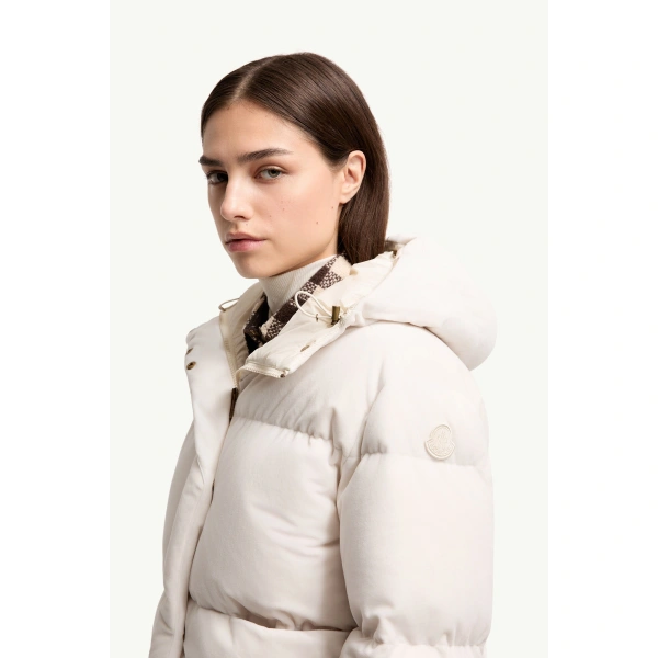 Moncler Enigme Hooded Chenille Short Down Jacket in White, view 3 | Women's Puffer Jackets | Coveti