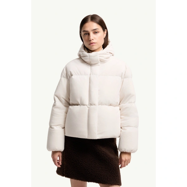 Moncler Enigme Hooded Chenille Short Down Jacket in White, view 4 | Women's Puffer Jackets | Coveti
