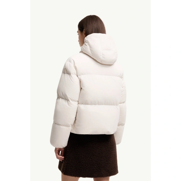 Moncler Enigme Hooded Chenille Short Down Jacket in White, view 5 | Women's Puffer Jackets | Coveti
