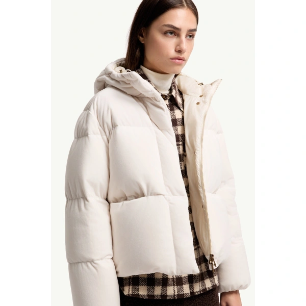 Moncler Enigme Hooded Chenille Short Down Jacket in White, view 6 | Women's Puffer Jackets | Coveti