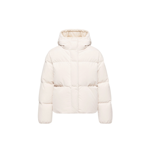 Moncler Enigme Hooded Chenille Short Down Jacket in White | Women's Puffer Jackets | Coveti