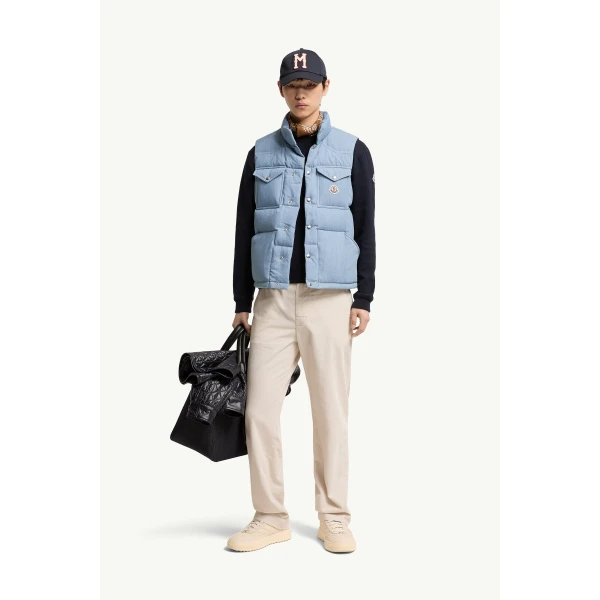 Moncler Ervional Denim Down Gilet in Light Blue, view 2 | Men's Jackets | Coveti