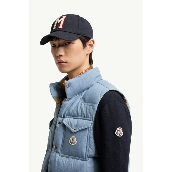 Moncler Ervional Denim Down Gilet in Light Blue, view 3 | Men's Jackets | Coveti