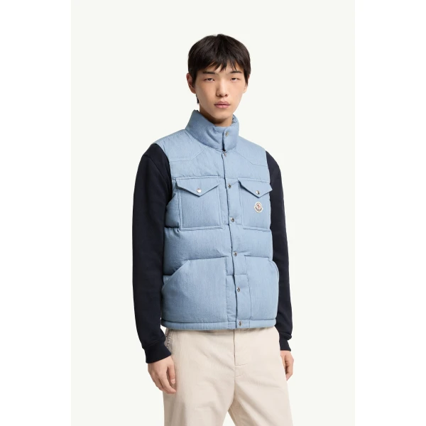 Moncler Ervional Denim Down Gilet in Light Blue, view 4 | Men's Jackets | Coveti