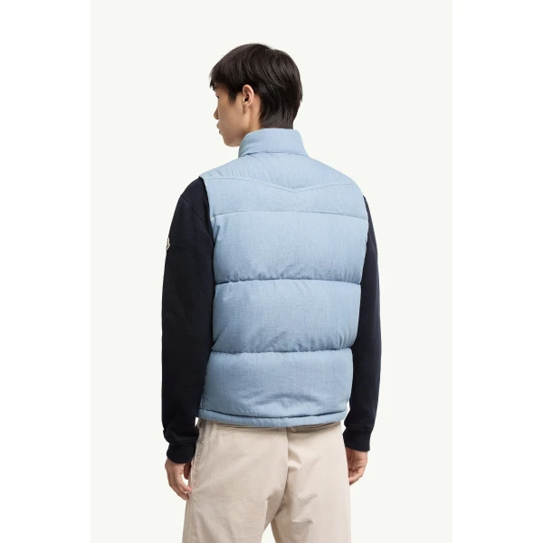 Moncler Ervional Denim Down Gilet in Light Blue, view 5 | Men's Jackets | Coveti