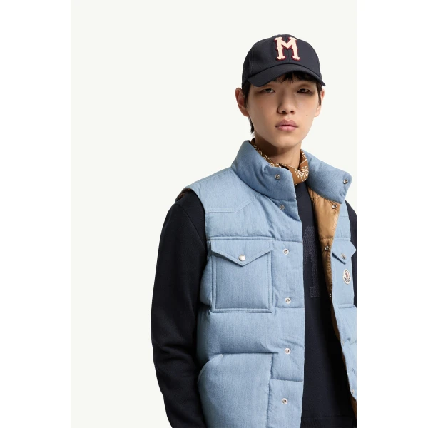 Moncler Ervional Denim Down Gilet in Light Blue, view 6 | Men's Jackets | Coveti