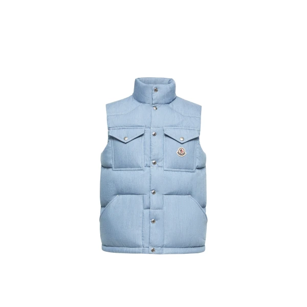 Moncler Ervional Denim Down Gilet in Light Blue | Men's Jackets | Coveti