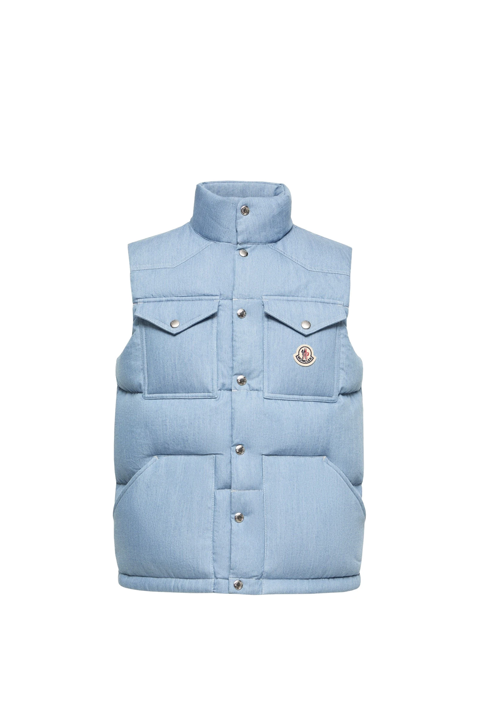 Moncler Ervional Denim Down Gilet in Light Blue Moncler Ervional Denim Down Gilet in Light Blue | Men's Jackets | Coveti