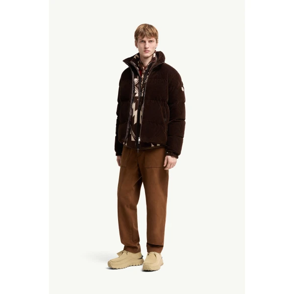 Moncler Esparron Corduroy Short Down Jacket in Brown, view 2 | Men's Jackets | Coveti