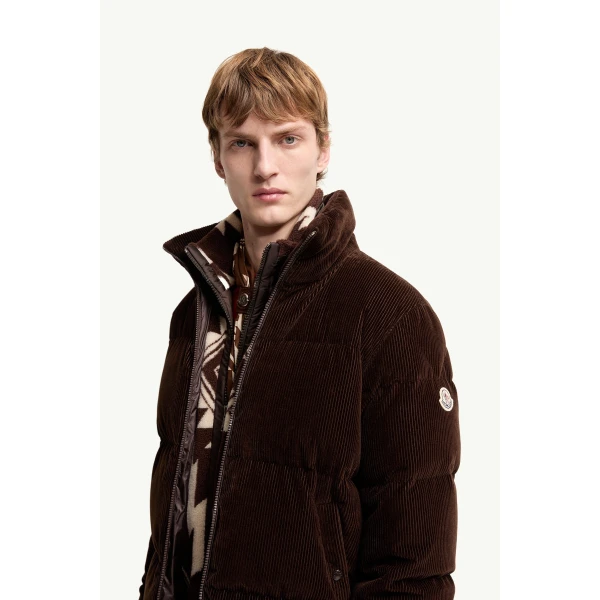Moncler Esparron Corduroy Short Down Jacket in Brown, view 3 | Men's Jackets | Coveti