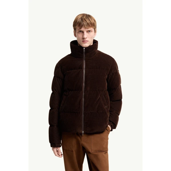 Moncler Esparron Corduroy Short Down Jacket in Brown, view 4 | Men's Jackets | Coveti