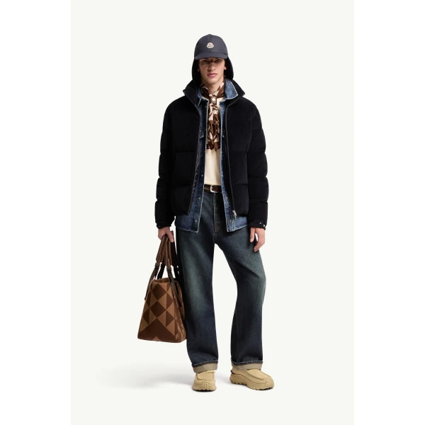 Moncler Esparron Corduroy Short Down Jacket in Dark Blue, view 2 | Men's Jackets | Coveti
