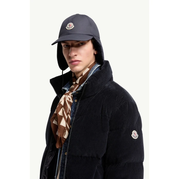 Moncler Esparron Corduroy Short Down Jacket in Dark Blue, view 3 | Men's Jackets | Coveti