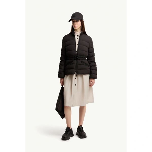 Moncler Esthetique Belted Short Down Jacket in Black, view 2 | Women's Puffer Jackets | Coveti