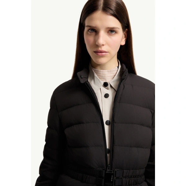 Moncler Esthetique Belted Short Down Jacket in Black, view 6 | Women's Puffer Jackets | Coveti