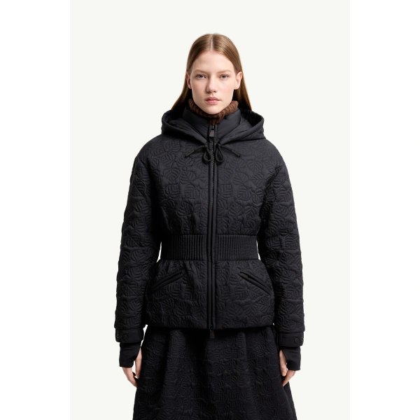 Moncler Etaules Leaf Embroidered Short Down Jacket in Dark Blue, view 4 | Women's Puffer Jackets | Coveti
