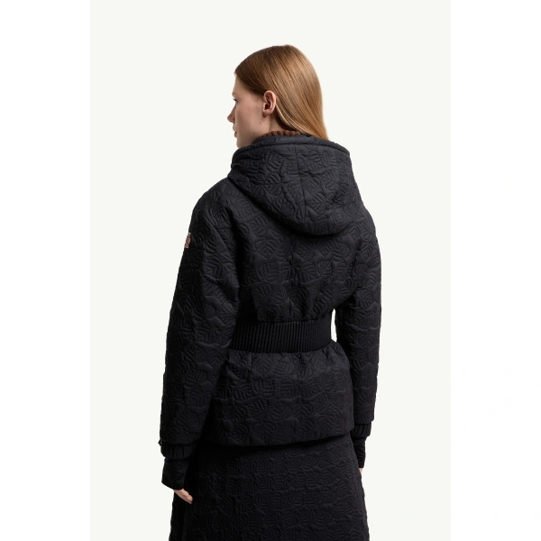 Moncler Etaules Leaf Embroidered Short Down Jacket in Dark Blue, view 5 | Women's Puffer Jackets | Coveti