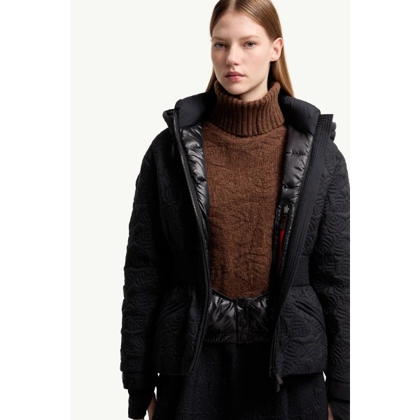 Moncler Etaules Leaf Embroidered Short Down Jacket in Dark Blue, view 6 | Women's Puffer Jackets | Coveti