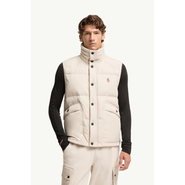 Moncler Evans Down Gilet in Light Beige, view 4 | Men's Jackets | Coveti
