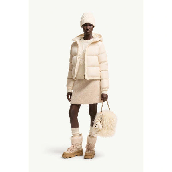 Moncler Evocateur Hooded Short Down Jacket in Light Beige, view 2 | Women's Puffer Jackets | Coveti