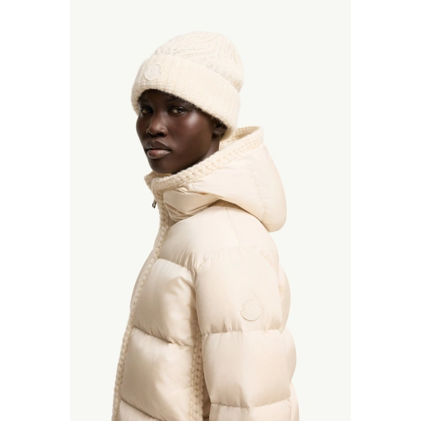 Moncler Evocateur Hooded Short Down Jacket in Light Beige, view 3 | Women's Puffer Jackets | Coveti