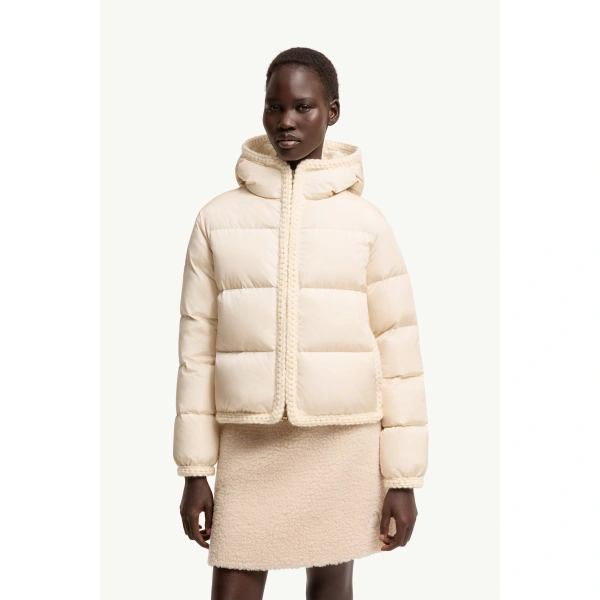 Moncler Evocateur Hooded Short Down Jacket in Light Beige, view 4 | Women's Puffer Jackets | Coveti
